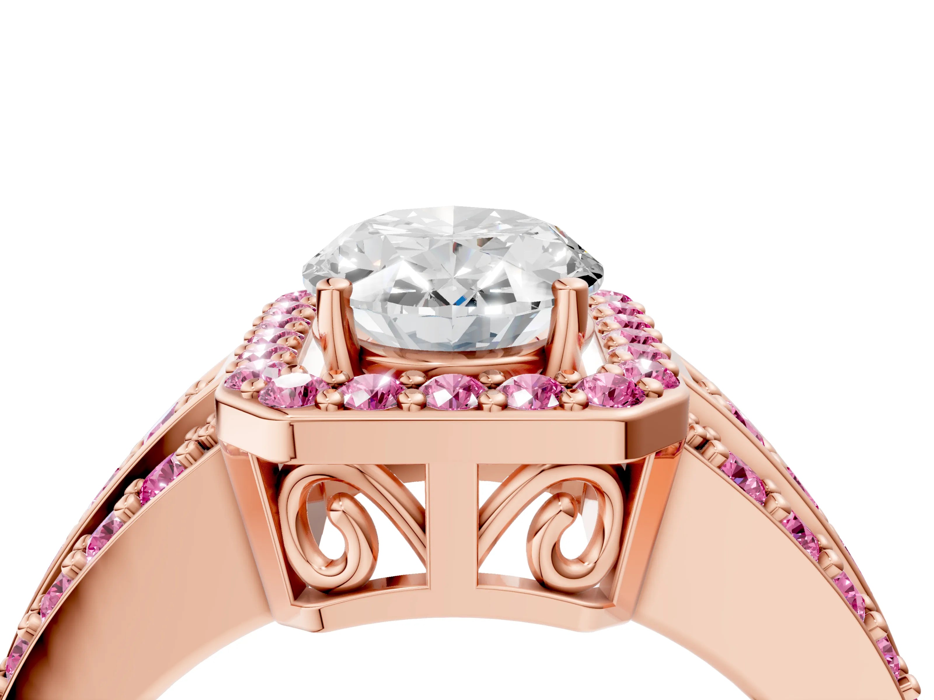 Rose gold Oval Cut Halo Diamond Ring with Round with Pink Sapphire side stone Split Shank and Prong Setting_4