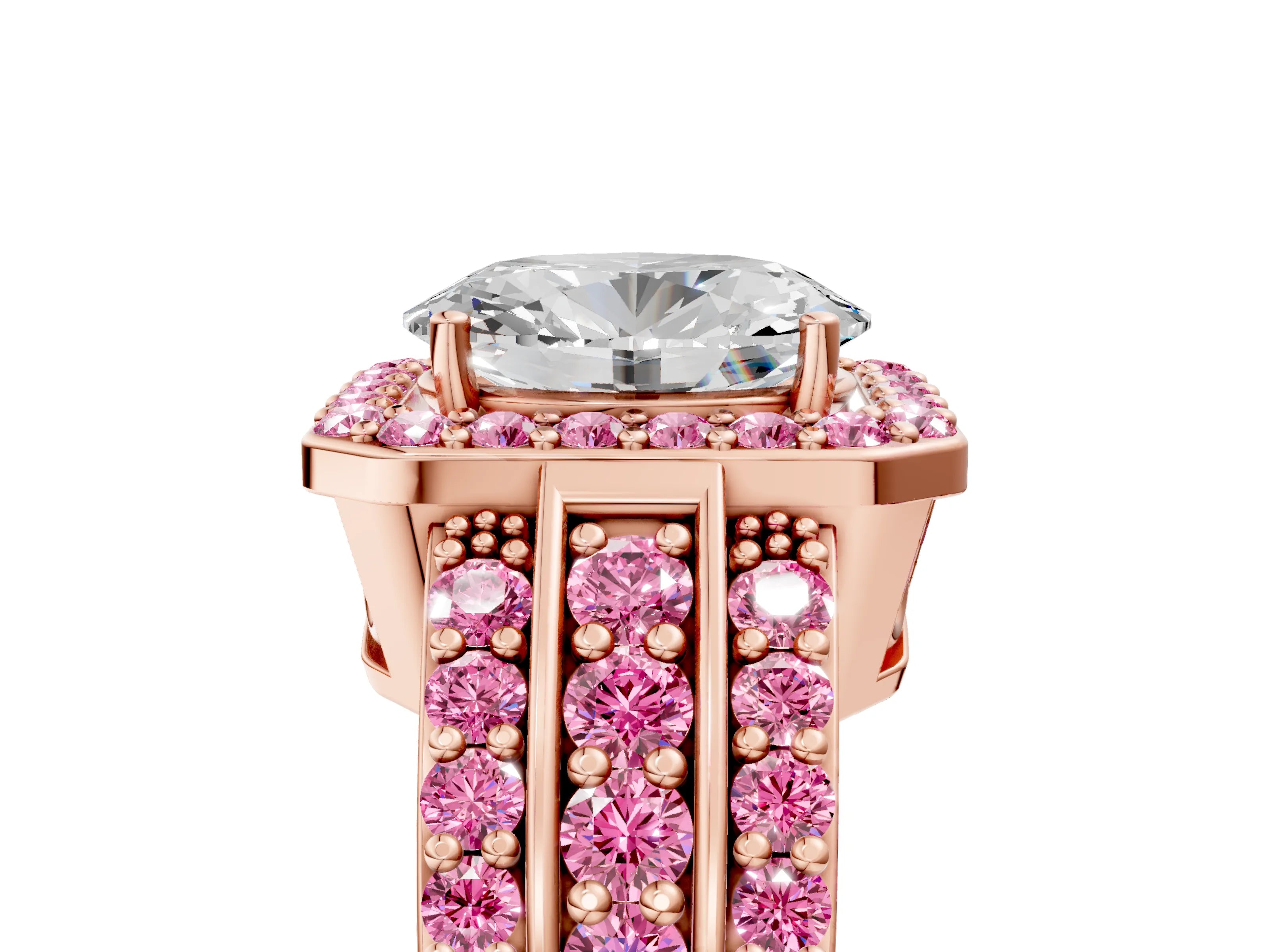 Rose gold Oval Cut Halo Diamond Ring with Round with Pink Sapphire side stone Split Shank and Prong Setting_5
