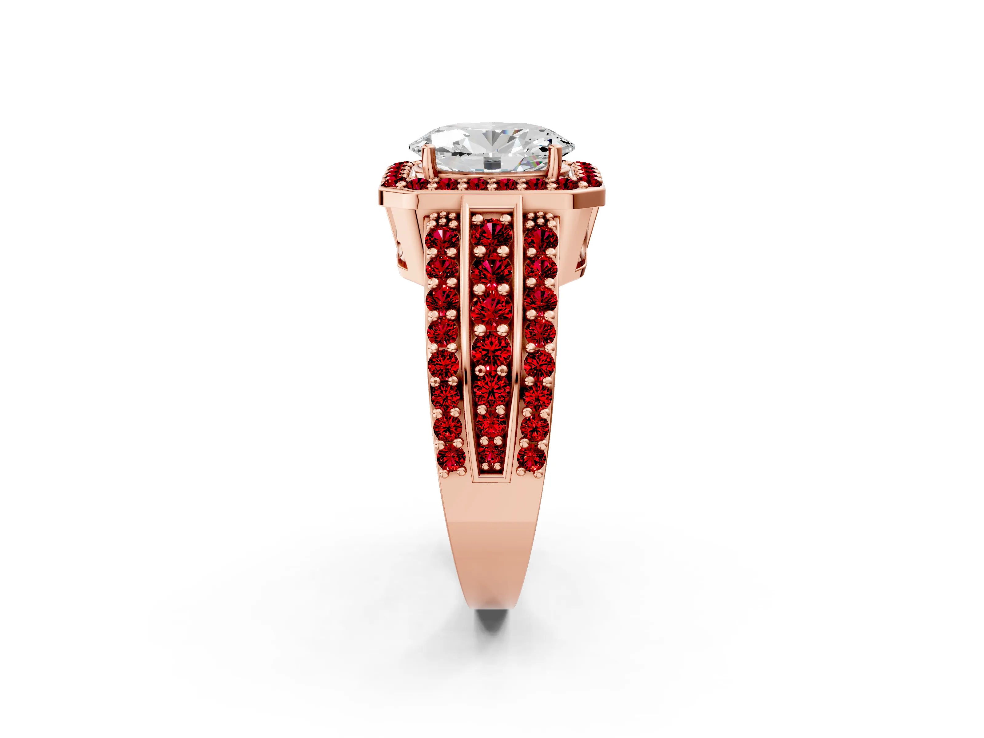 Rose gold Oval Cut Halo Diamond Ring with Round with Ruby side stone Split Shank and Prong Setting_2