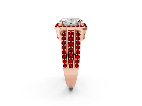 Rose gold Oval Cut Halo Diamond Ring with Round with Ruby side stone Split Shank and Prong Setting_2