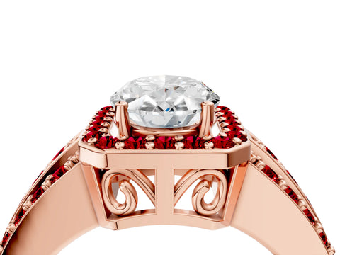 Rose gold Oval Cut Halo Diamond Ring with Round with Ruby side stone Split Shank and Prong Setting_4