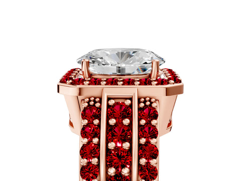 Rose gold Oval Cut Halo Diamond Ring with Round with Ruby side stone Split Shank and Prong Setting_5