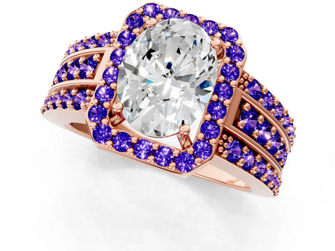 Rose gold Oval Cut Halo Diamond Ring with Round with Tanzanite side stone Split Shank and Prong Setting_1