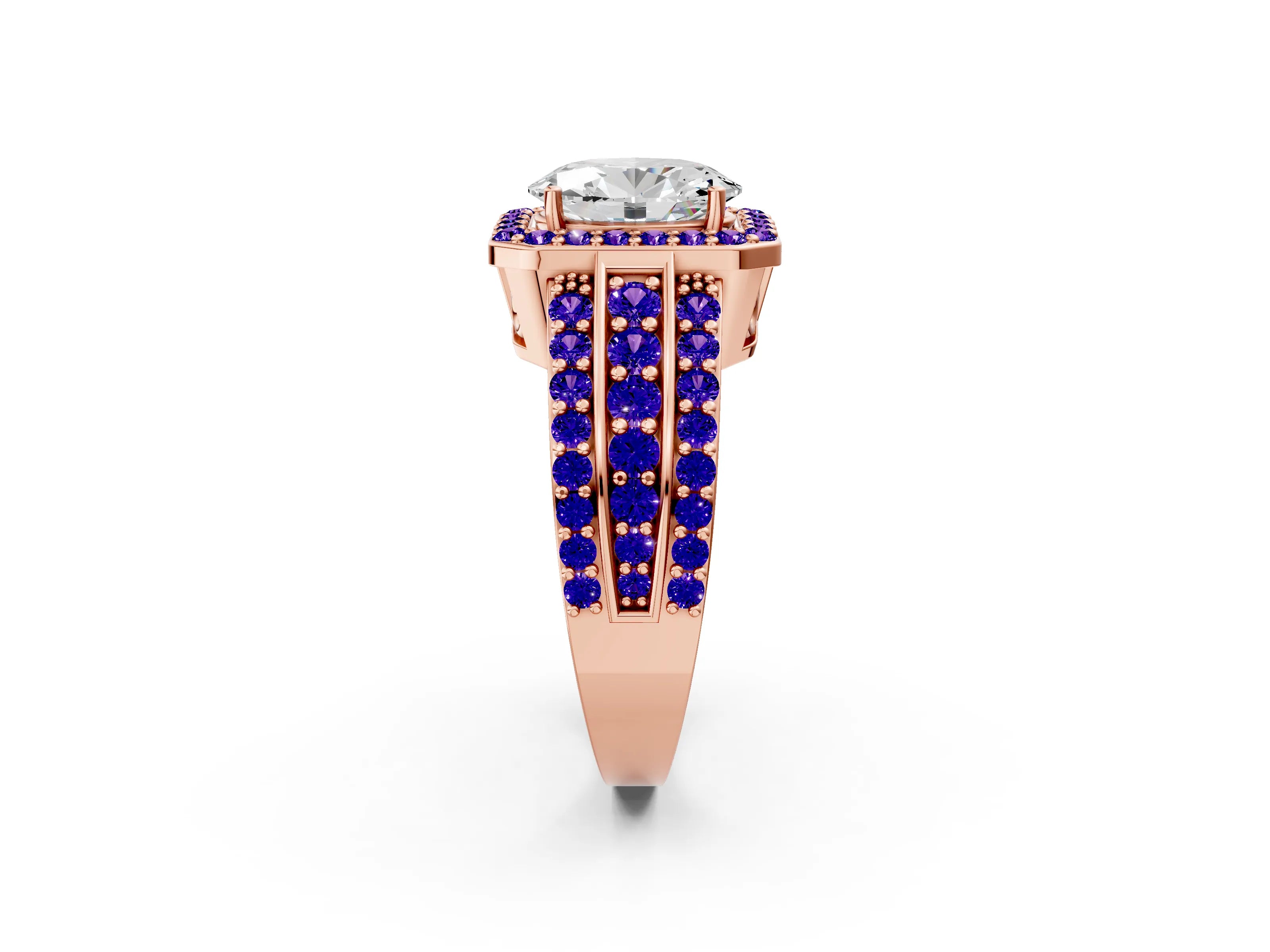 Rose gold Oval Cut Halo Diamond Ring with Round with Tanzanite side stone Split Shank and Prong Setting_2