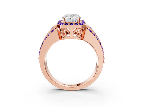 Rose gold Oval Cut Halo Diamond Ring with Round with Tanzanite side stone Split Shank and Prong Setting_3