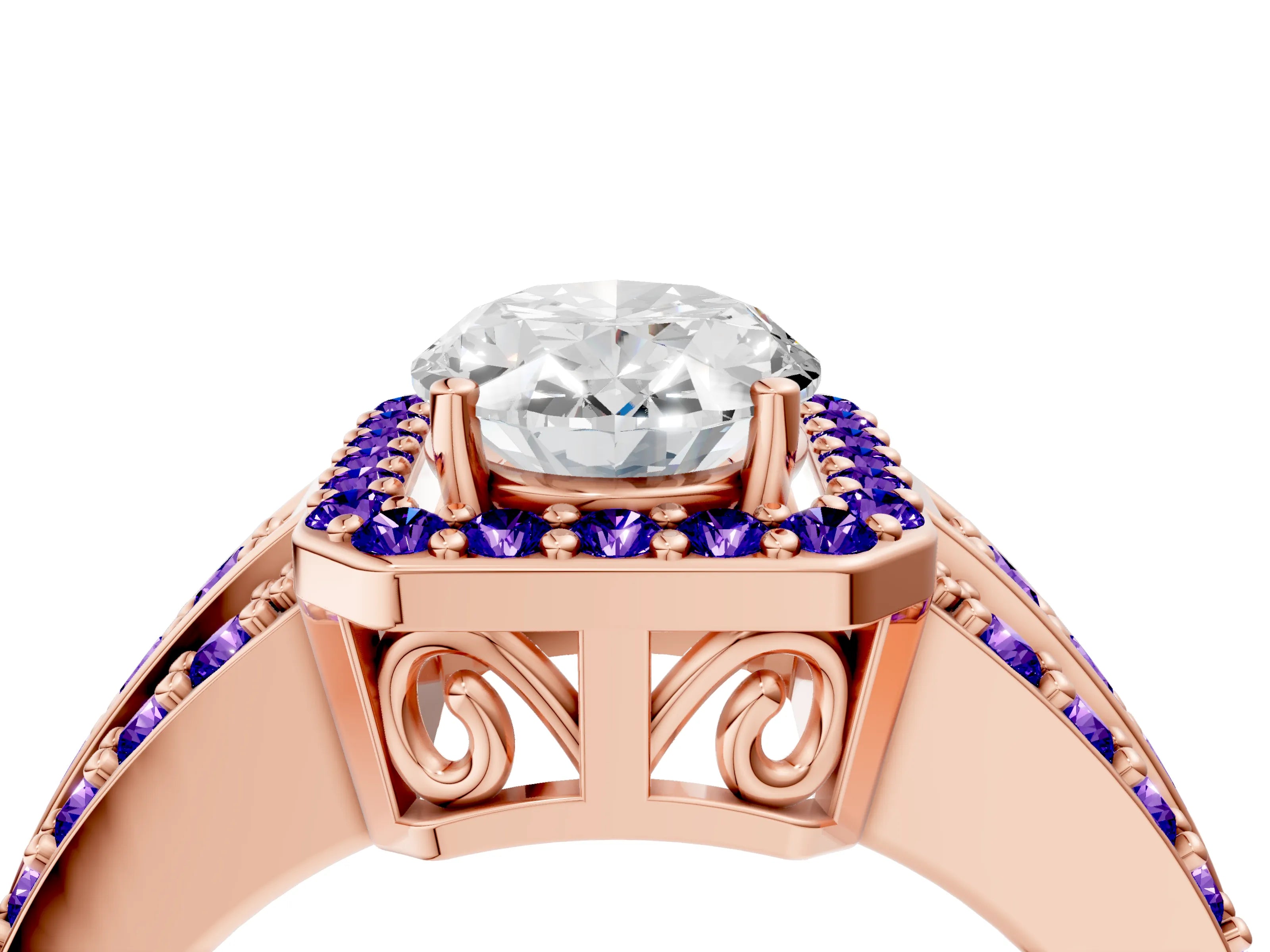 Rose gold Oval Cut Halo Diamond Ring with Round with Tanzanite side stone Split Shank and Prong Setting_4