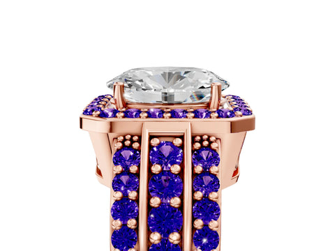 Rose gold Oval Cut Halo Diamond Ring with Round with Tanzanite side stone Split Shank and Prong Setting_5