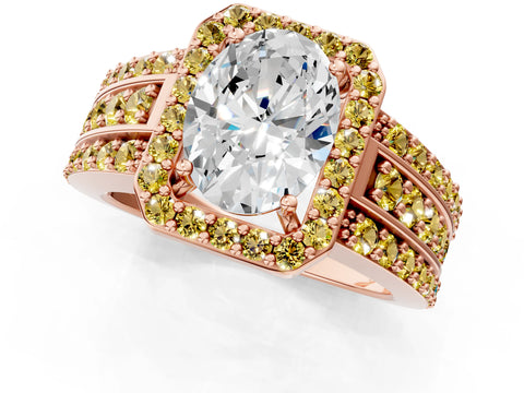 Rose gold Oval Cut Halo Diamond Ring with Round with Yellow Sapphire side stone Split Shank and Prong Setting_1