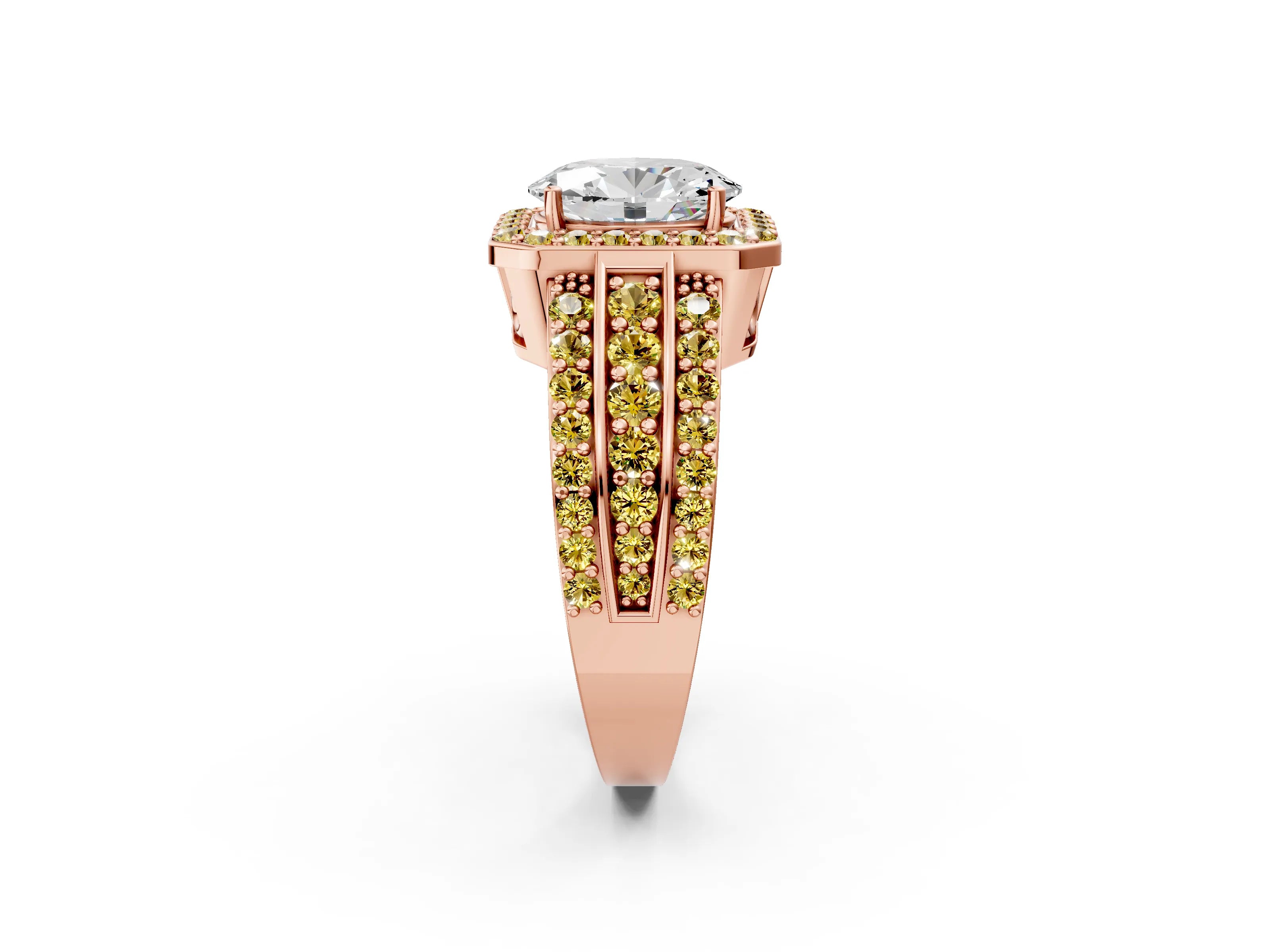 Rose gold Oval Cut Halo Diamond Ring with Round with Yellow Sapphire side stone Split Shank and Prong Setting_2