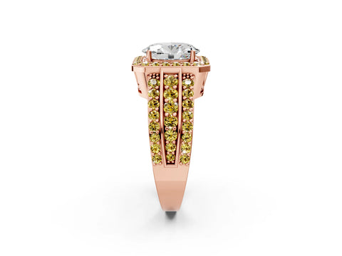 Rose gold Oval Cut Halo Diamond Ring with Round with Yellow Sapphire side stone Split Shank and Prong Setting_2