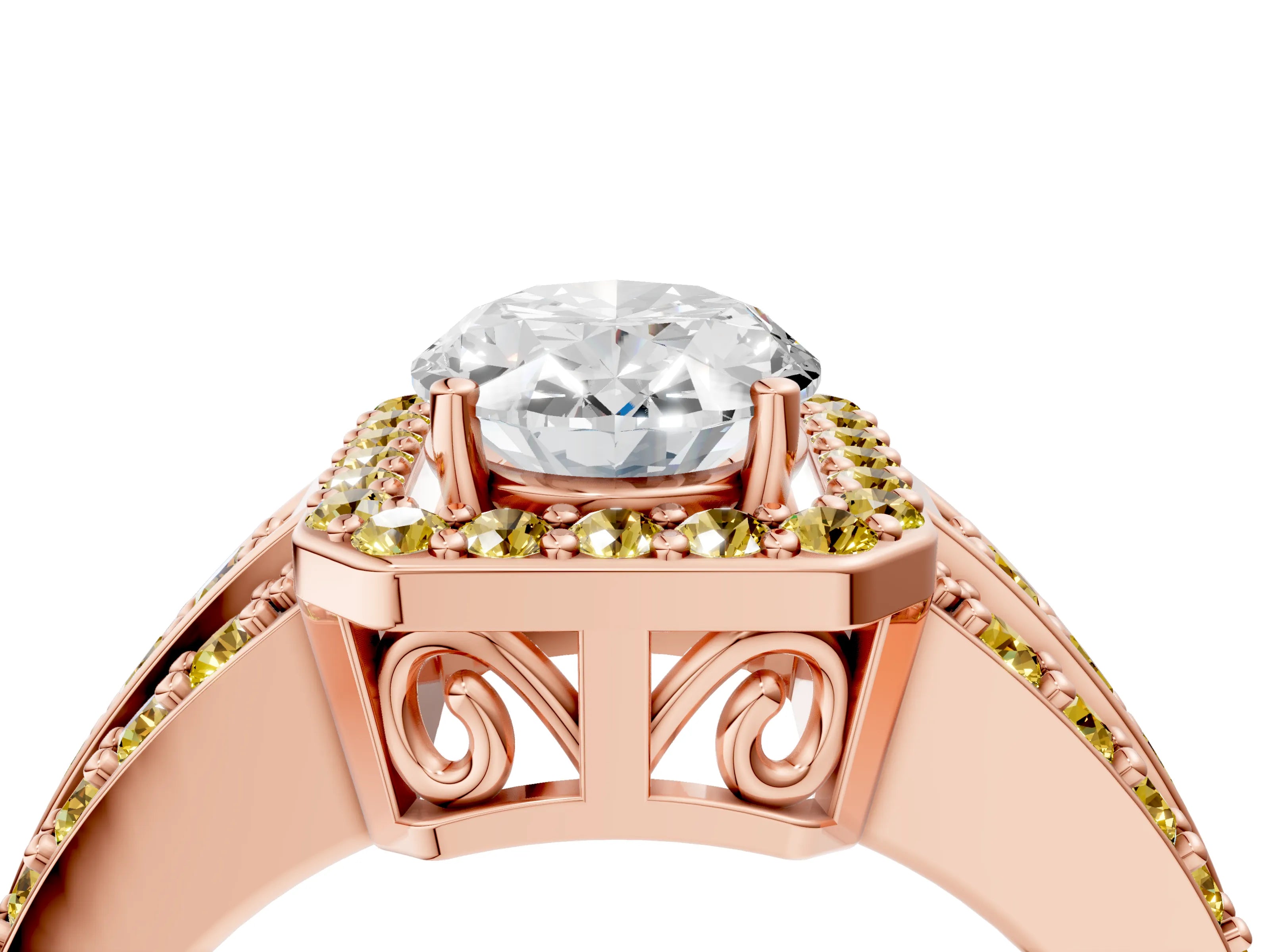 Rose gold Oval Cut Halo Diamond Ring with Round with Yellow Sapphire side stone Split Shank and Prong Setting_4