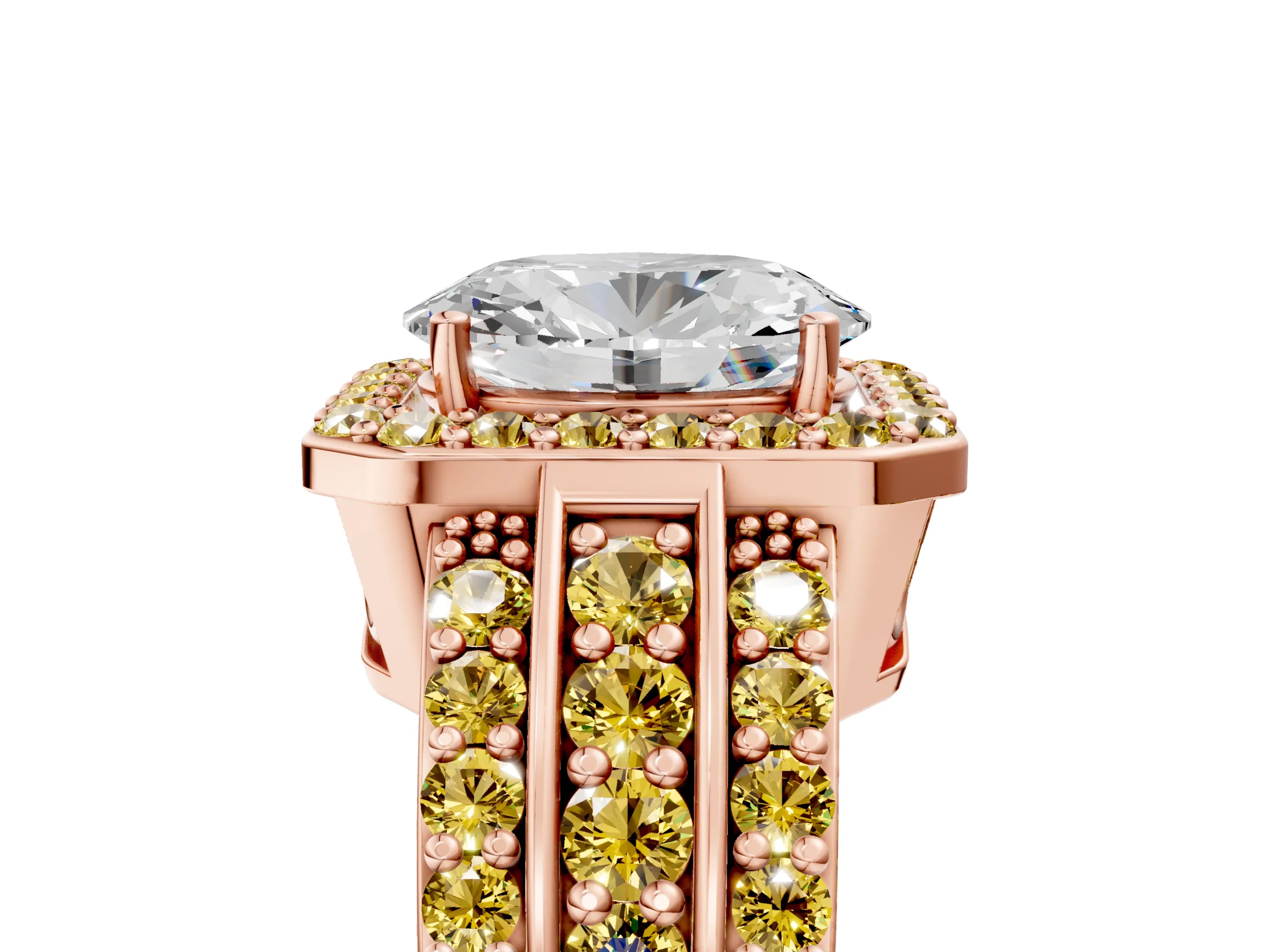 Rose gold Oval Cut Halo Diamond Ring with Round with Yellow Sapphire side stone Split Shank and Prong Setting_5