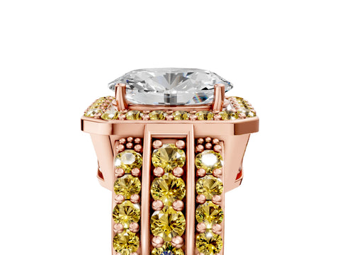 Rose gold Oval Cut Halo Diamond Ring with Round with Yellow Sapphire side stone Split Shank and Prong Setting_5