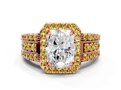 Rose gold Oval Cut Halo Diamond Ring with Round with Yellow Sapphire side stone Split Shank and Prong Setting