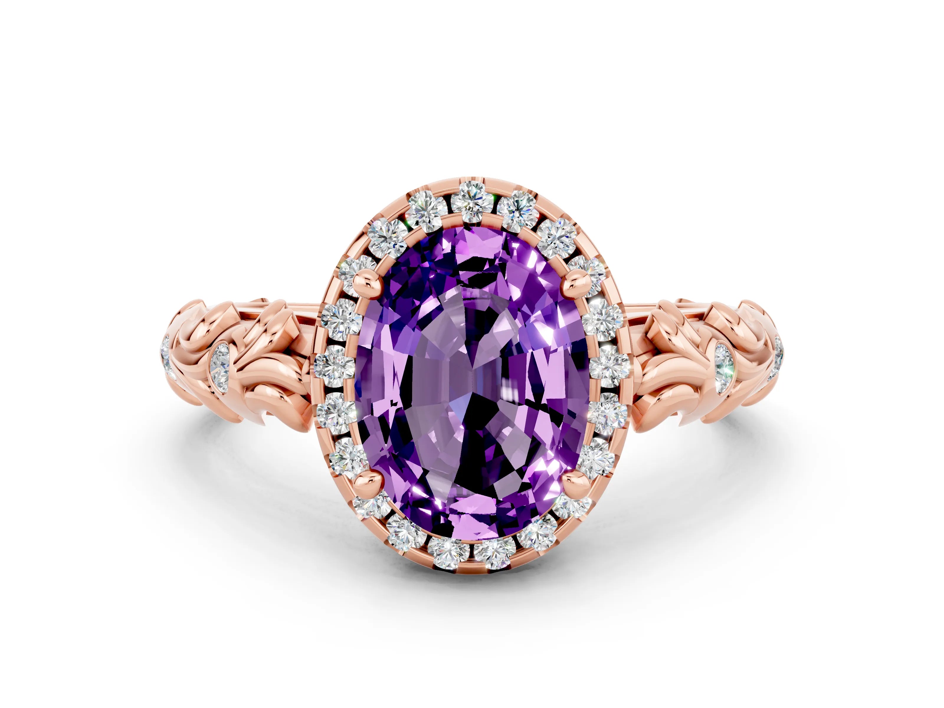 Rose gold Oval Cut Halo Diamond Solitaire with Filigree Band and Four-Prong Setting