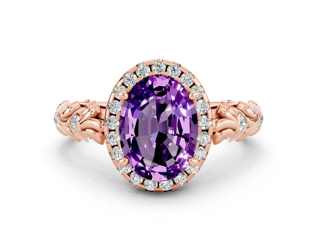 Rose gold Oval Cut Halo Diamond Solitaire with Filigree Band and Four-Prong Setting
