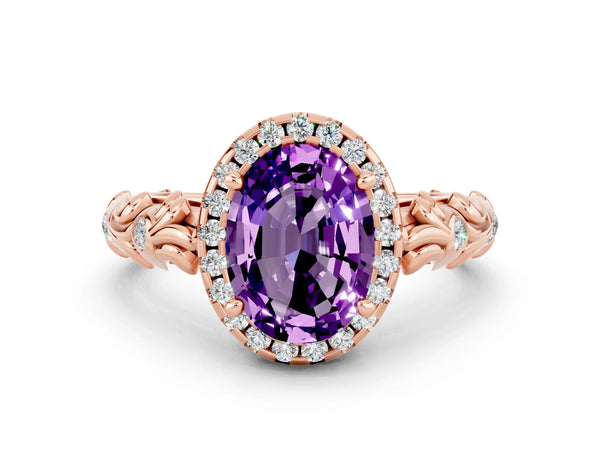 Rose gold Oval Cut Amethyst Halo Ring with Filigree Band and Prong Setting
