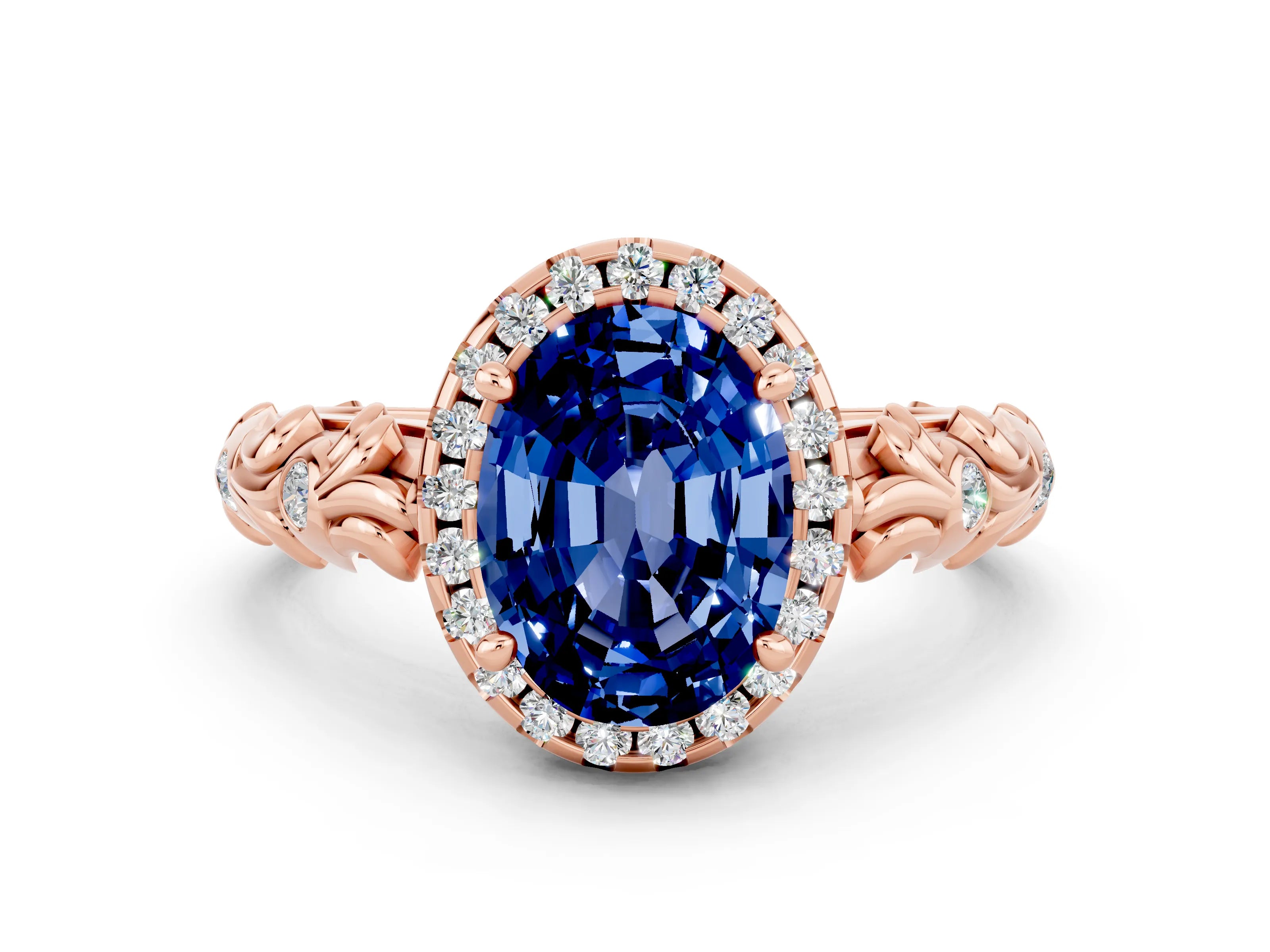 Rose gold Oval Cut Halo Diamond Solitaire with Filigree Band and Four-Prong Setting