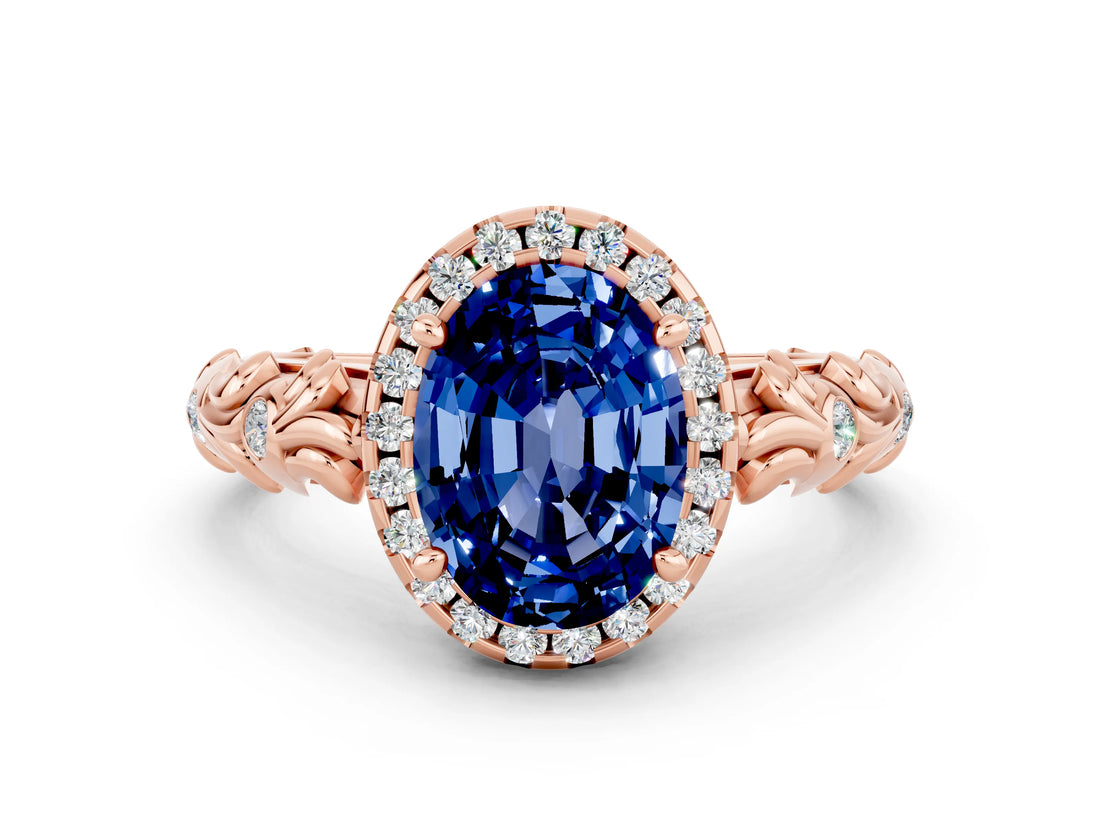 Rose gold Oval Cut Halo Diamond Solitaire with Filigree Band and Four-Prong Setting