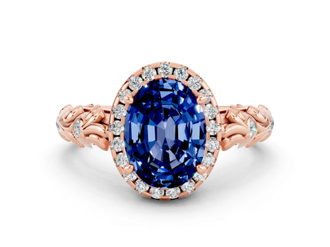 Rose gold Oval Cut Halo Diamond Solitaire with Filigree Band and Four-Prong Setting