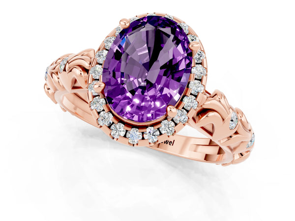 Rose gold Oval Cut Amethyst Halo Ring with Filigree Band and Prong Setting