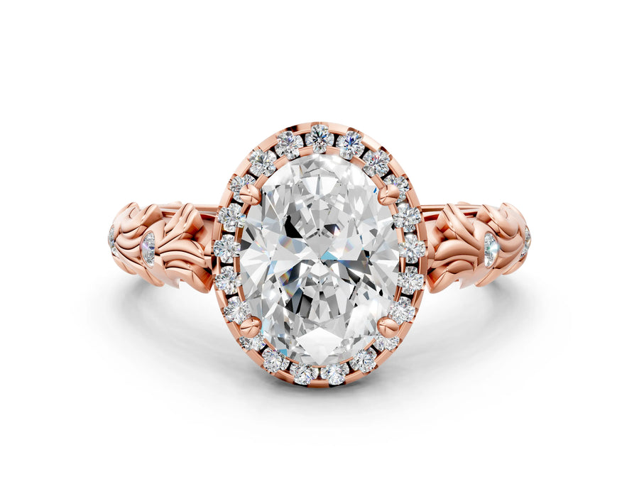 Rose gold Oval Cut Halo Diamond Solitaire with Filigree Band and Four-Prong Setting