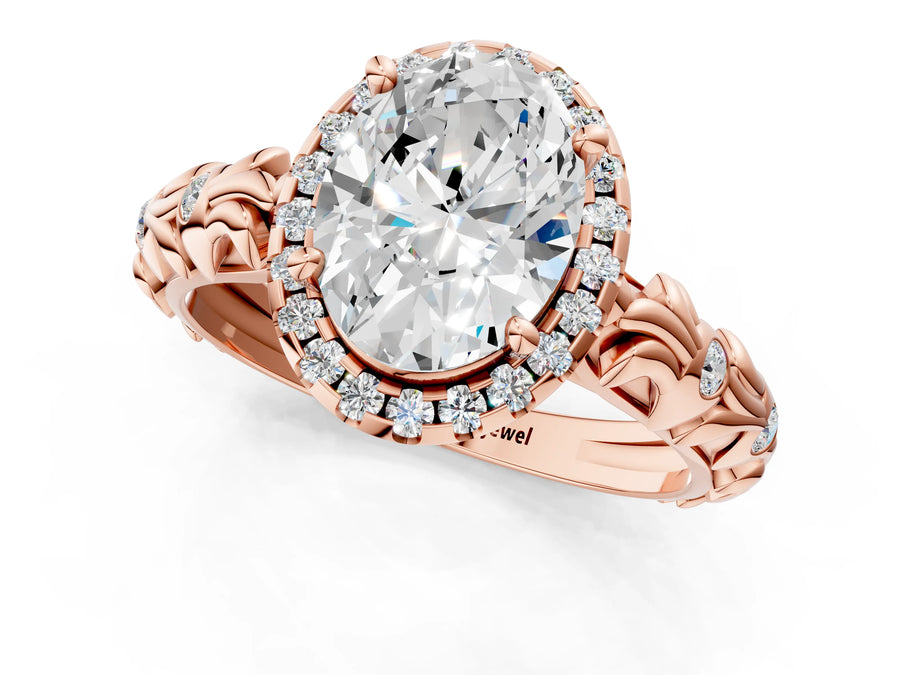 Rose gold Oval Cut Halo Diamond Solitaire with Filigree Band and Four-Prong Setting