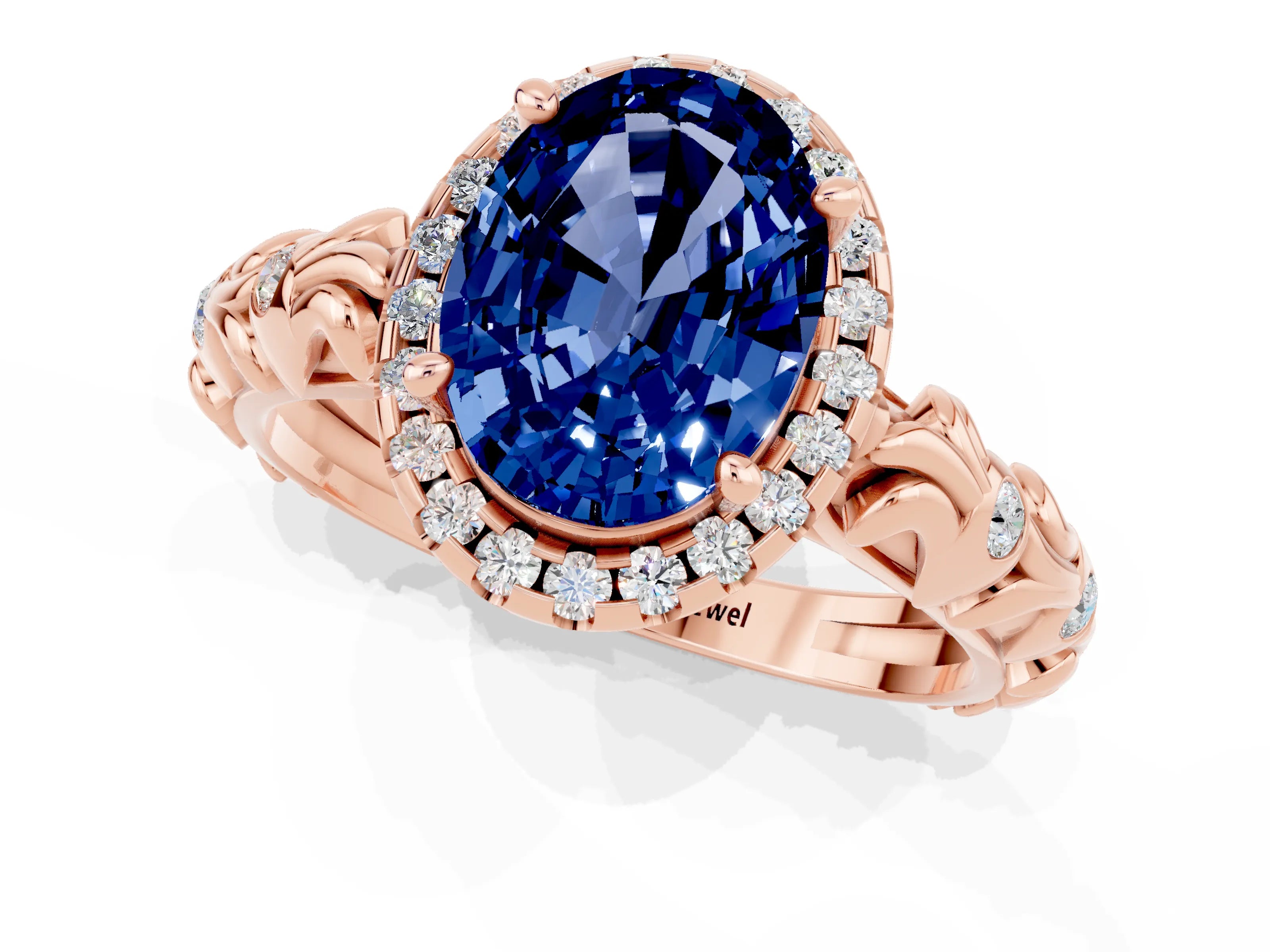 Rose gold Oval Cut Halo Diamond Solitaire with Filigree Band and Four-Prong Setting_1