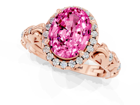 Rose gold Oval Cut Halo Diamond Solitaire with Filigree Band and Four-Prong Setting_1