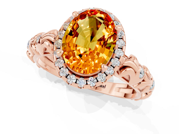 Rose gold Oval Cut Citrine Halo Ring with Filigree Band and Prong Setting