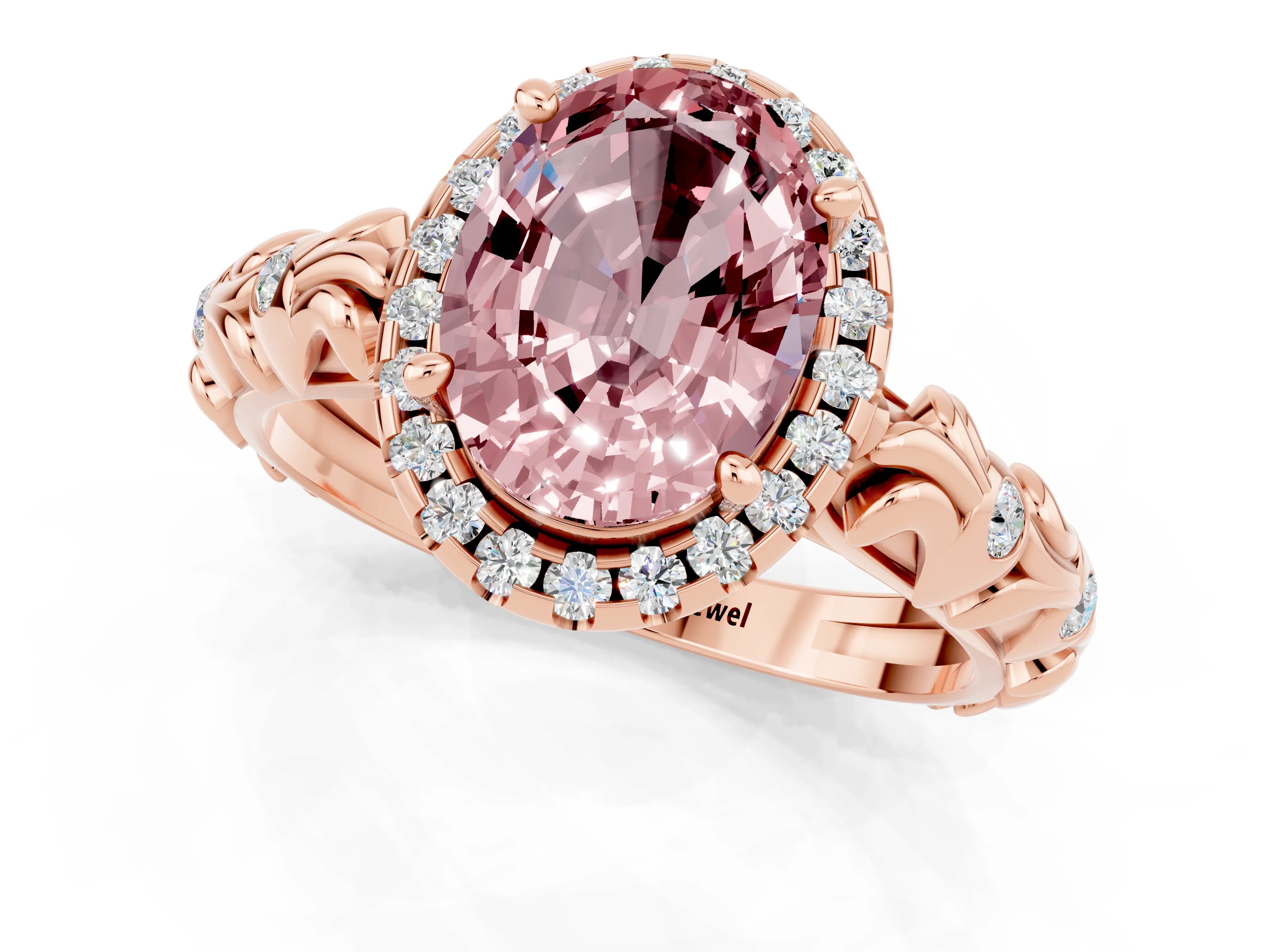 Rose gold Oval Cut Halo Diamond Solitaire with Filigree Band and Four-Prong Setting_1