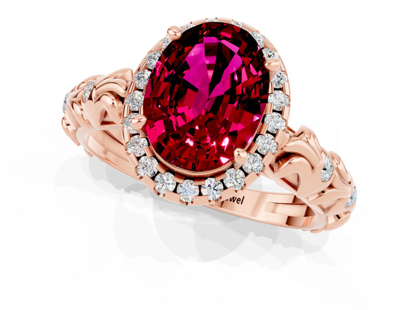 Rose gold Oval Cut Garnet Halo Ring with Filigree Band and Prong Setting