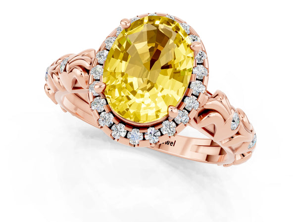 Rose gold Oval Cut Yellow Sapphire Halo Ring with Filigree Band and Prong Setting
