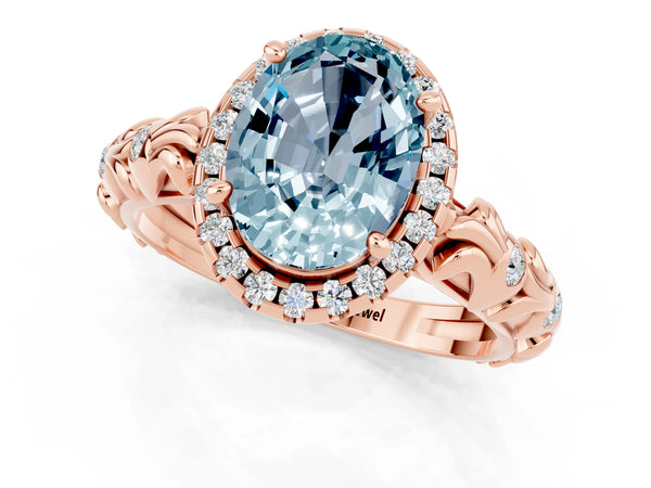 Rose gold Oval Cut Aquamarine Halo Ring with Filigree Band and Prong Setting