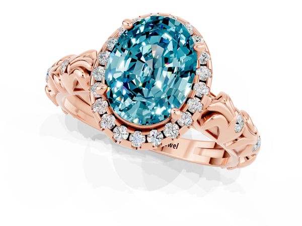 Rose gold Oval Cut Halo Diamond Solitaire with Filigree Band and Four-Prong Setting