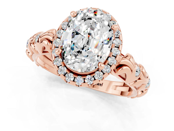 Rose gold Oval Cut Moissanite Halo Ring with Filigree Band and Prong Setting