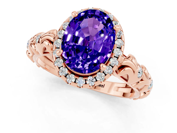 Rose gold Oval Cut Tanzanite Halo Ring with Filigree Band and Prong Setting