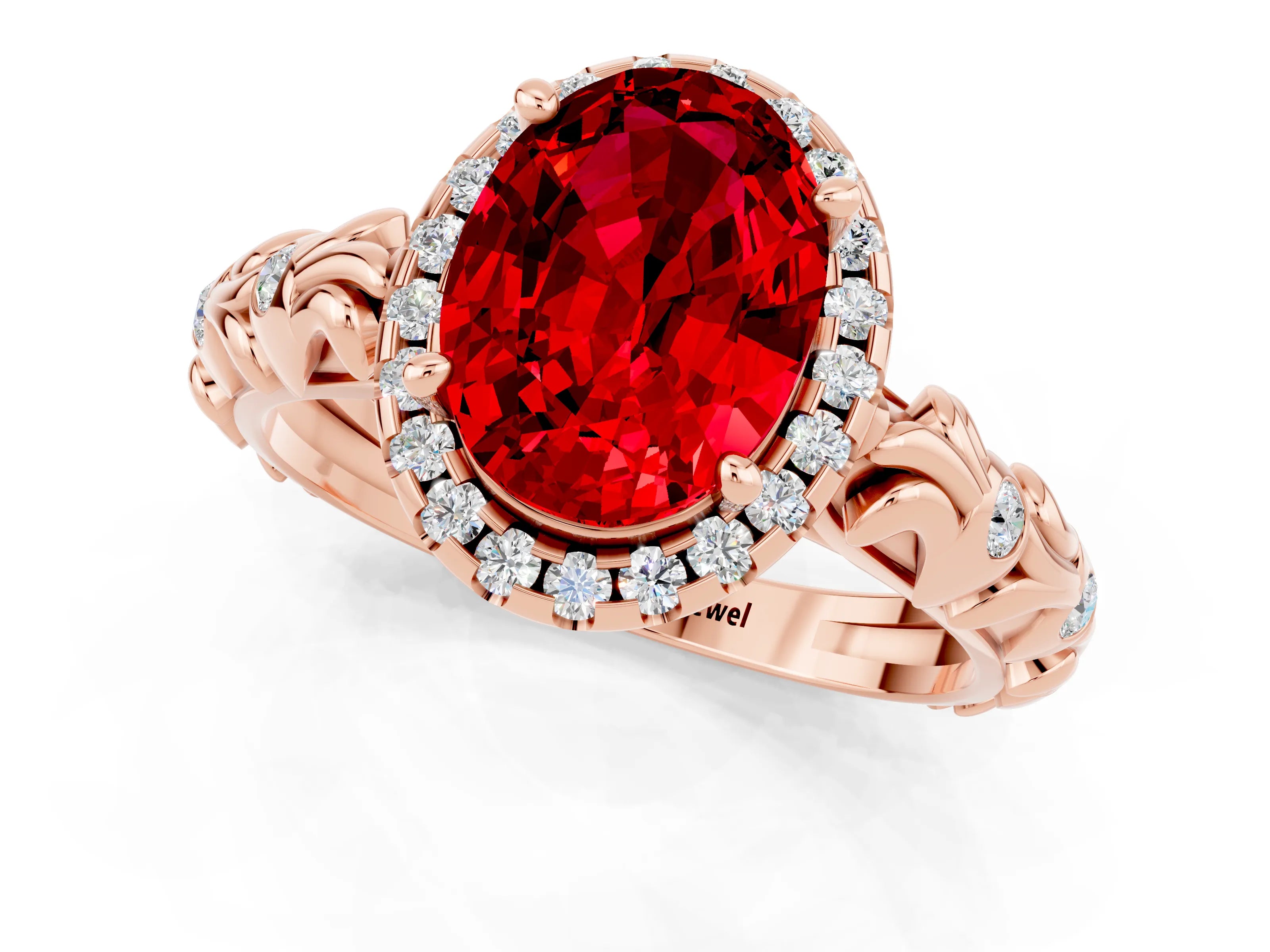 Rose gold Oval Cut Halo Diamond Solitaire with Filigree Band and Four-Prong Setting_1