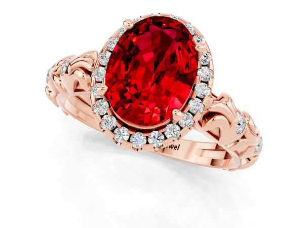 Rose gold Oval Cut Ruby Halo Ring with Filigree Band and Prong Setting