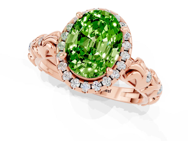 Rose gold Oval Cut Peridot Halo Ring with Filigree Band and Prong Setting