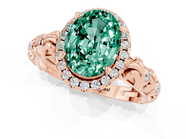 Rose gold Oval Cut Green Sapphire Halo Ring with Filigree Band and Prong Setting
