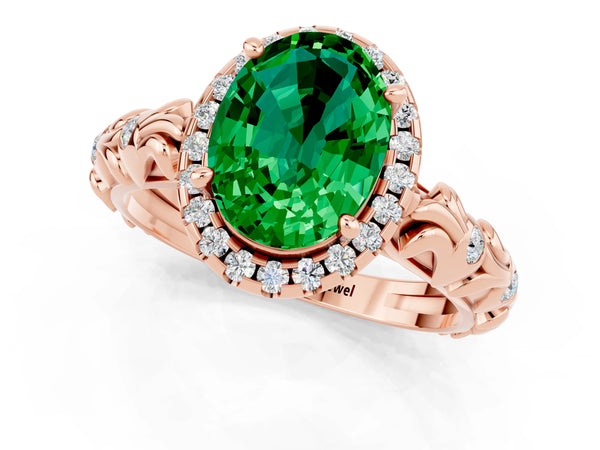 Rose gold Oval Cut Emerald Halo Ring with Filigree Band and Prong Setting