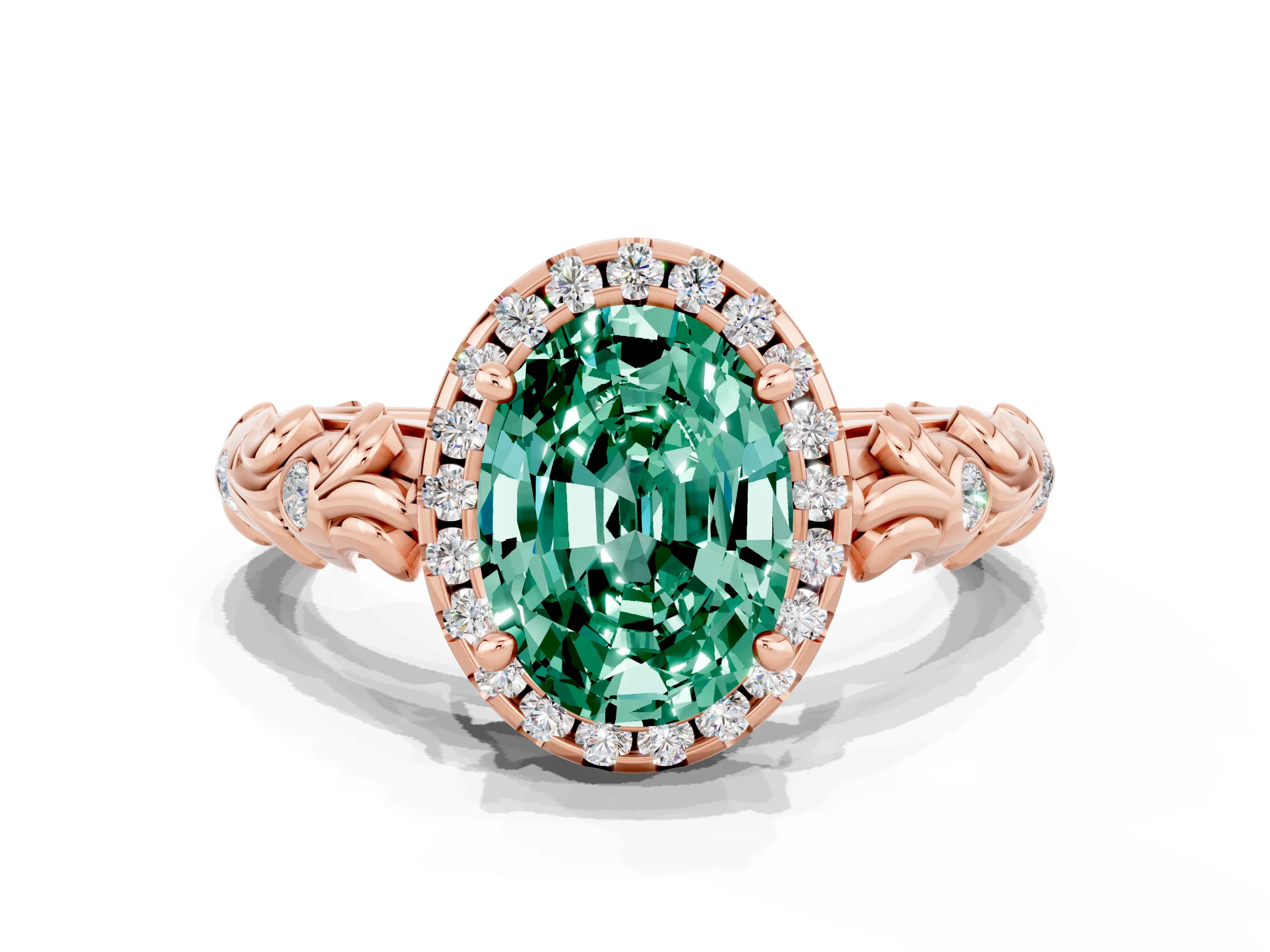 Rose gold Oval Cut Halo Diamond Solitaire with Filigree Band and Four-Prong Setting