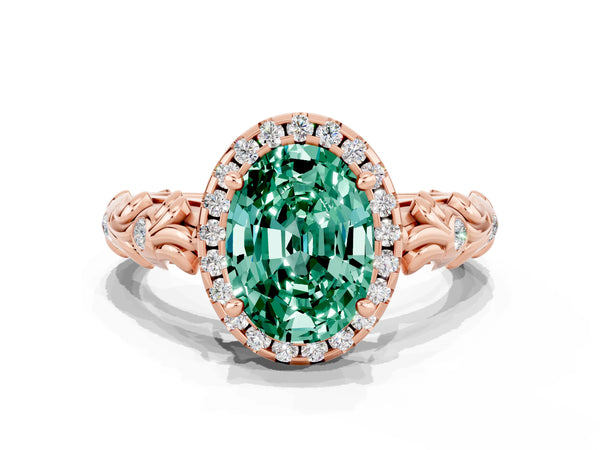 Rose gold Oval Cut Green Sapphire Halo Ring with Filigree Band and Prong Setting