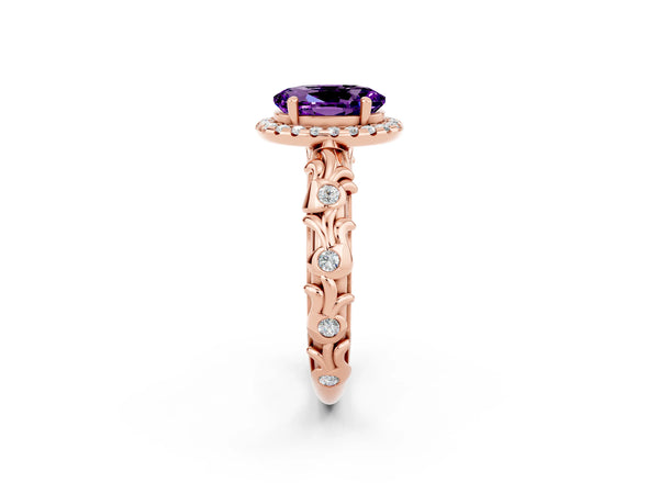Rose gold Oval Cut Amethyst Halo Ring with Filigree Band and Prong Setting
