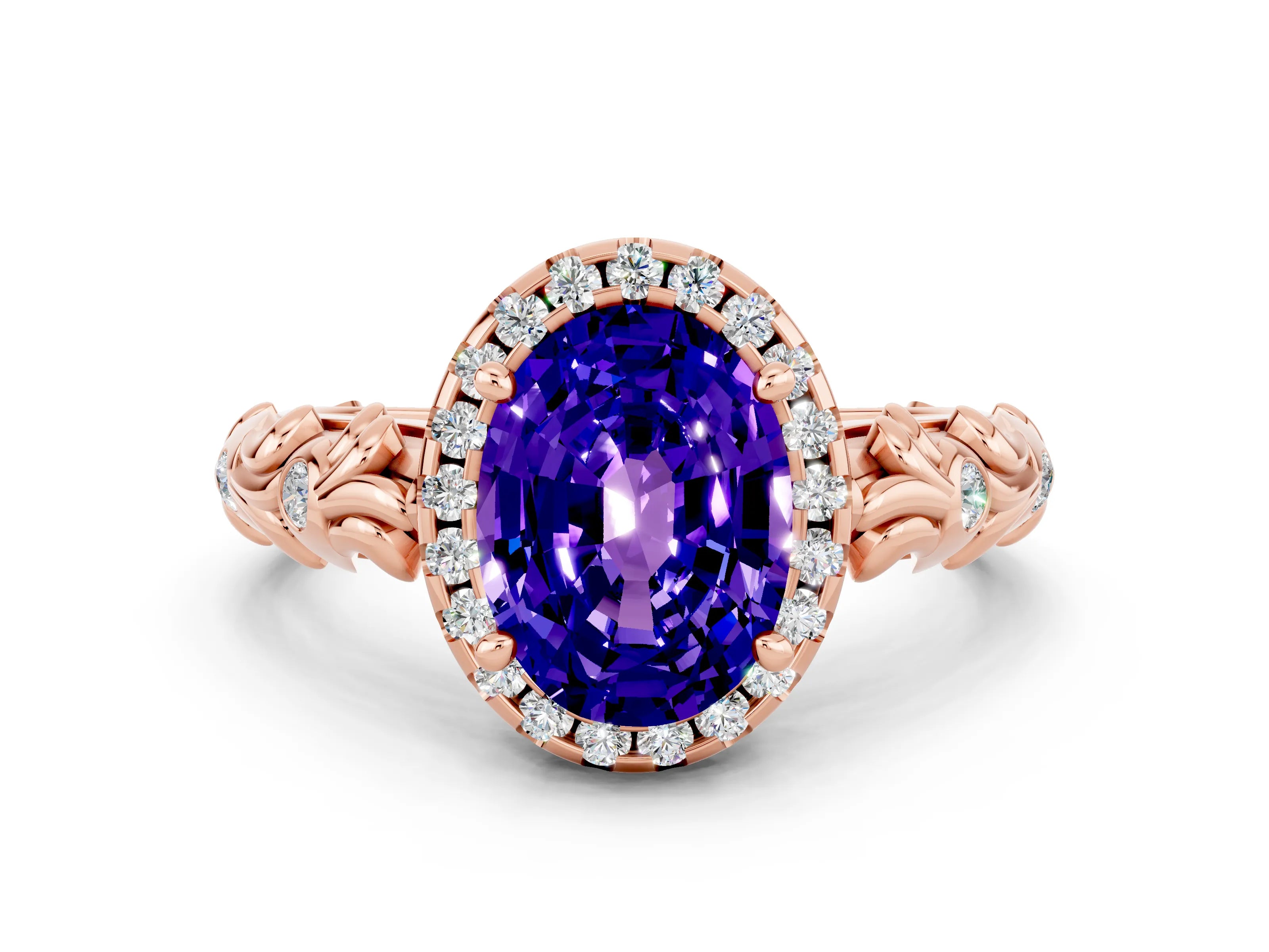 Rose gold Oval Cut Halo Diamond Solitaire with Filigree Band and Four-Prong Setting