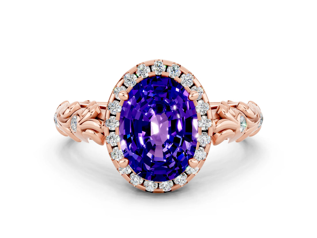 Rose gold Oval Cut Halo Diamond Solitaire with Filigree Band and Four-Prong Setting