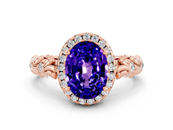Rose gold Oval Cut Tanzanite Halo Ring with Filigree Band and Prong Setting