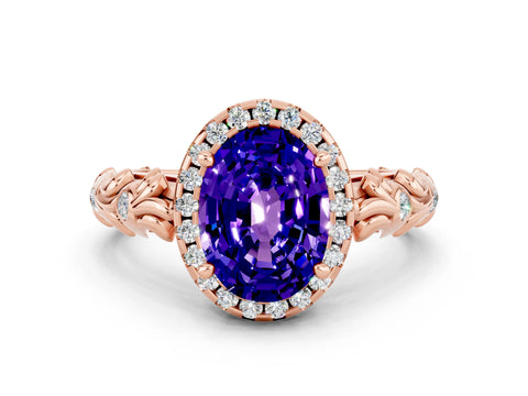 Rose gold Oval Cut Halo Diamond Solitaire with Filigree Band and Four-Prong Setting
