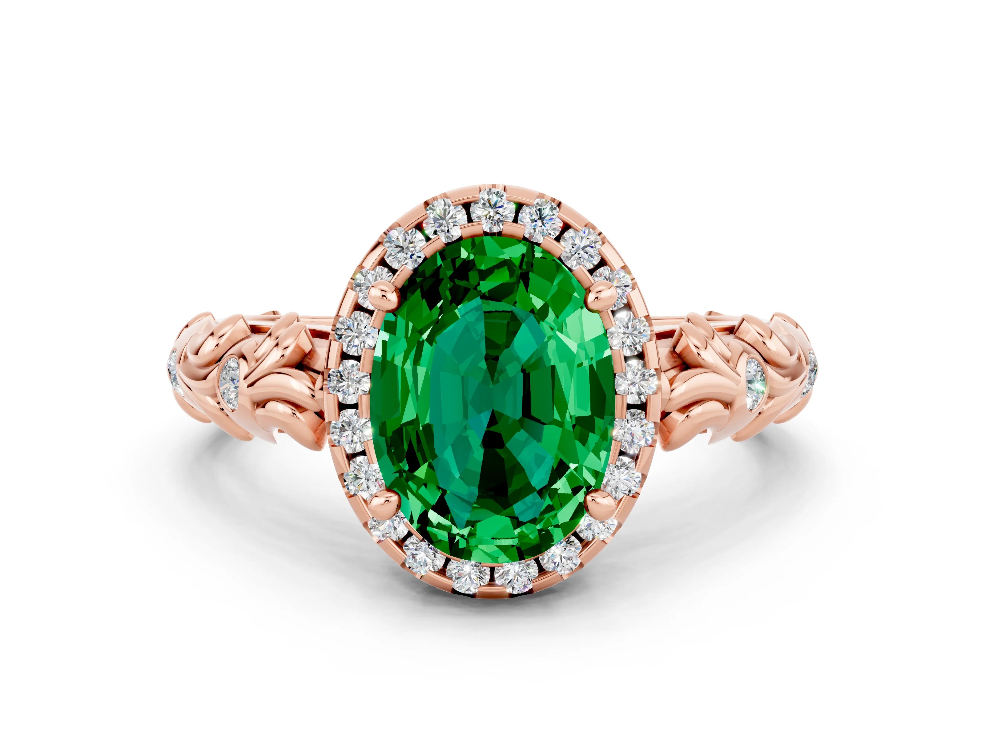 Rose gold Oval Cut Halo Diamond Solitaire with Filigree Band and Four-Prong Setting